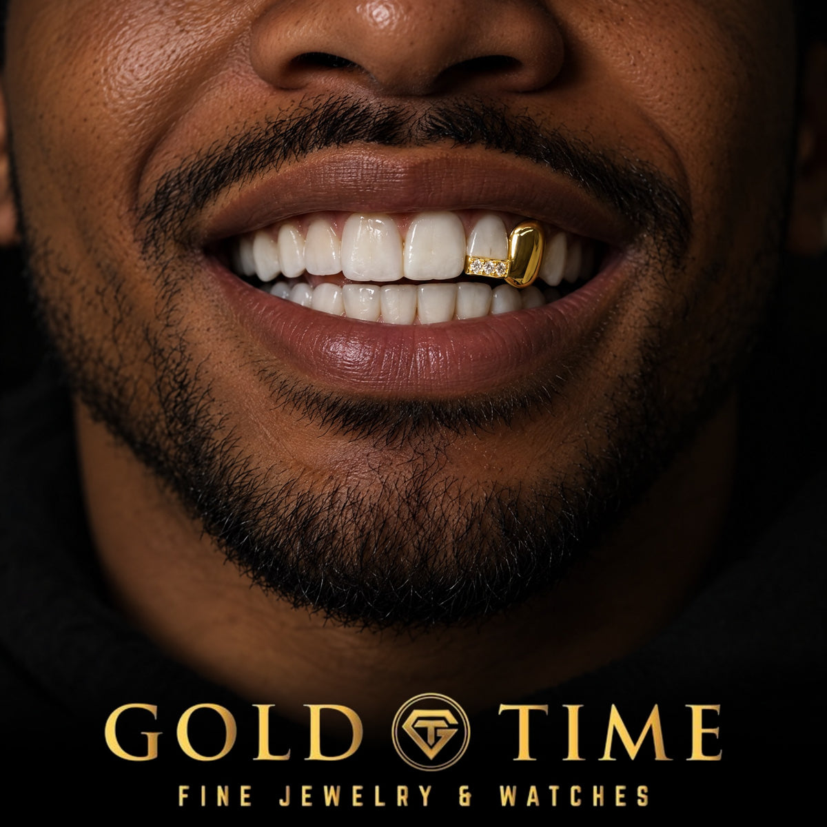 Man smiling in a solid gold canine cap next to a moissanite iced incisor tip, Gold Time