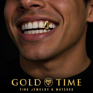 Gold solid canine grill and moissanite tip worn on the upper left teeth, Gold Time