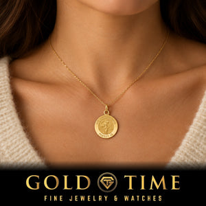 Woman wearing the small solid 14k yellow gold guardian angel medal on a fine gold chain, Gold Time