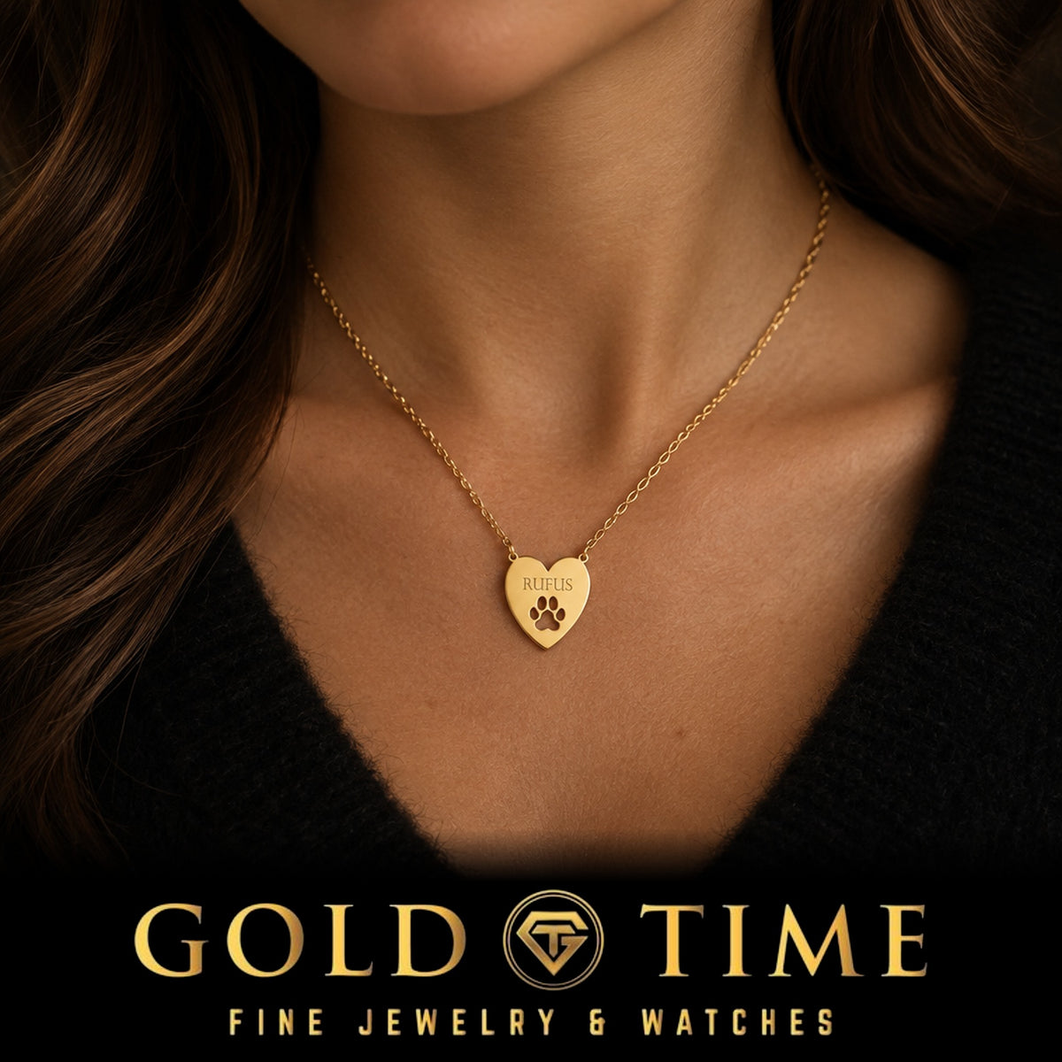 Woman wearing the gold heart dog name necklace with an engraved name above a paw print cutout, Gold Time