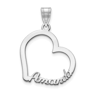 Sterling silver open heart pendant with the cursive name Amanda along the bottom curve