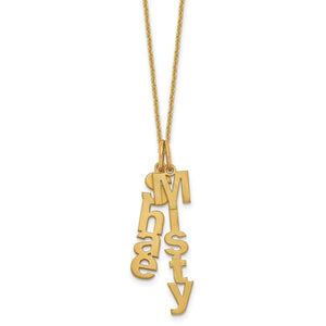 Yellow gold necklace with two vertical brushed name charms, Shae and Misty