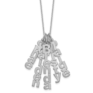 Silver tone necklace with five vertical brushed name charms