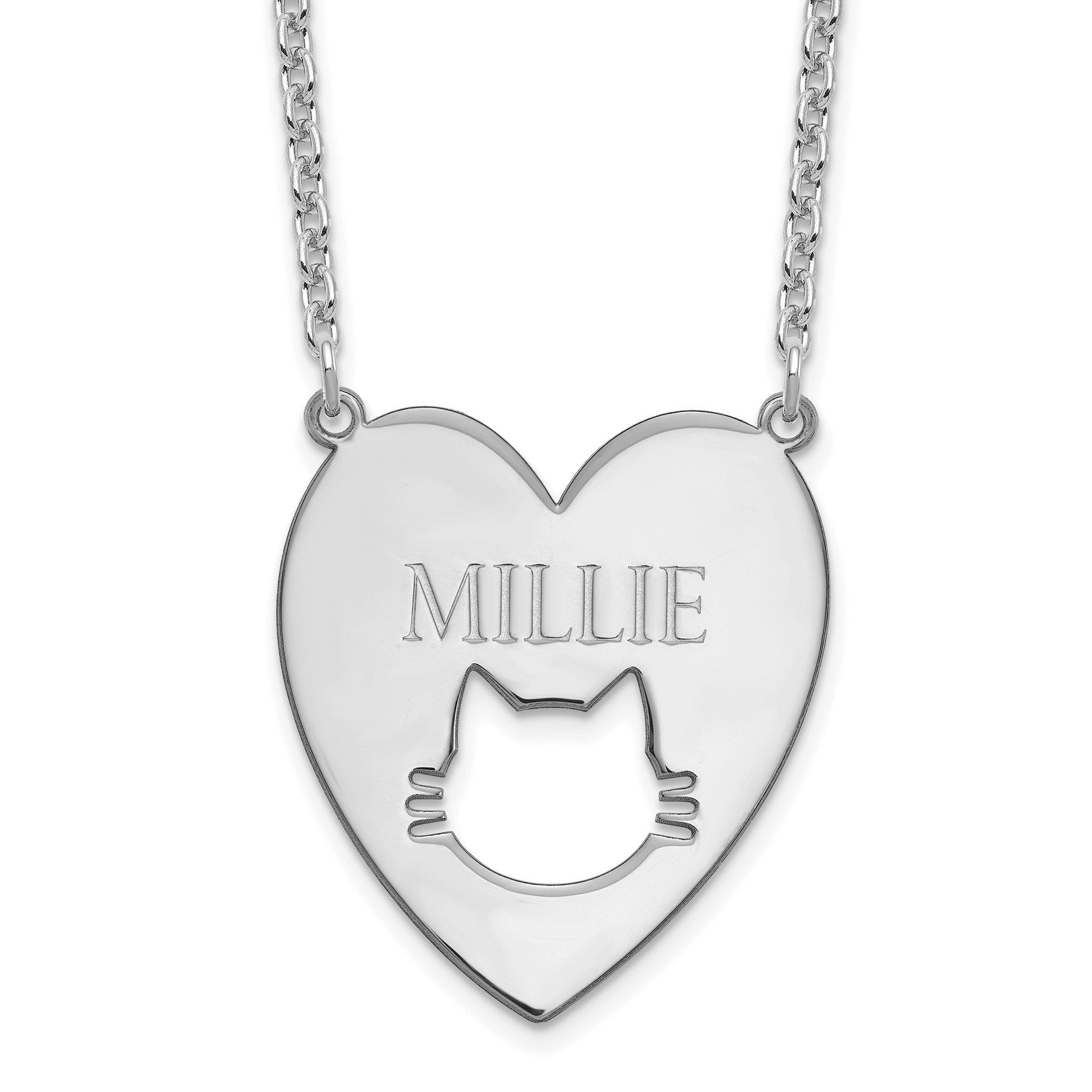 Personalized Sterling Silver Cat Necklace: Engraved Heart Pendant, Gold-Plated Option