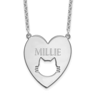 Sterling silver heart pendant with a cat face cutout and an engraved name