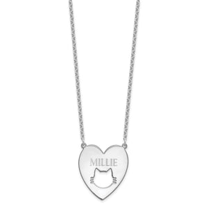 Sterling silver cat cutout heart necklace shown full length on a fine chain