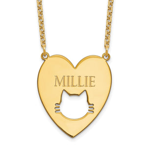 Gold plated heart pendant with a cat face cutout and the name engraved above it
