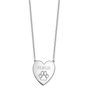 Sterling silver heart dog name necklace with paw print cutout on a cable chain