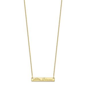 Small yellow gold horizontal name bar necklace on a cable chain, engraved Princess