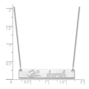 Size chart for the medium horizontal bar necklace, about 1.5 inches wide, engraved with a swimmer image and Sarah