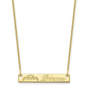 Yellow gold horizontal bar necklace engraved with a crown image and the script word Princess