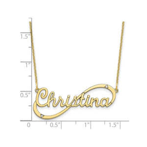 White gold infinity name necklace shown flat with the full cable chain