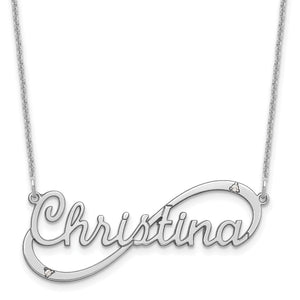 White gold infinity name necklace with the name Christina in script and diamond accents