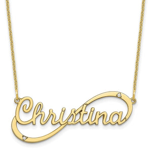 Yellow gold infinity name necklace with the name Christina in script and diamond accents