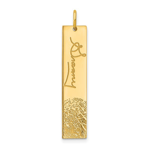Yellow gold vertical bar pendant laser engraved with a handwritten signature and a fingerprint at the bottom