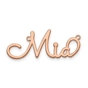 Rose gold whimsical cursive name plate reading Mia