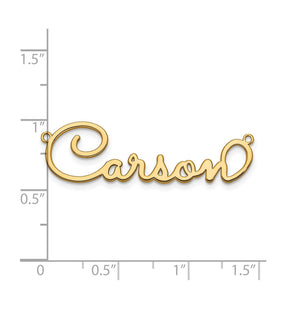 Size chart showing the yellow gold name plate Carson beside a ruler, about an inch and a half wide