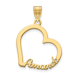 Yellow gold open heart name pendant with the cursive name Amanda along the bottom curve