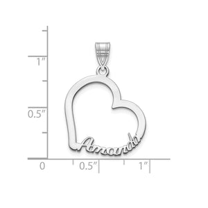 Size chart for the silver heart name pendant, about 1 inch tall including the bail