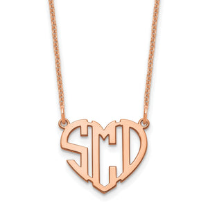 Sterling silver three initial heart monogram necklace on a fine cable chain