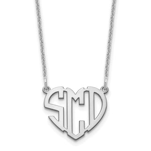White gold heart monogram necklace shown full length on a white background