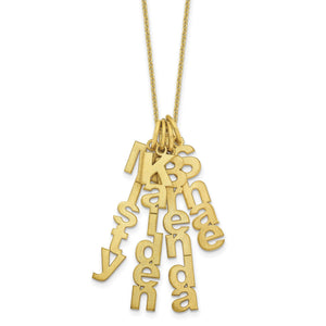 Yellow gold vertical name necklace with four brushed charms, Misty, Kaiden, Brenda and Shae