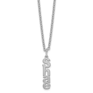 Silver tone vertical name charm spelling Shae with a brushed finish