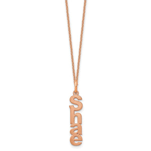 Rose gold single vertical name charm necklace spelling Shae