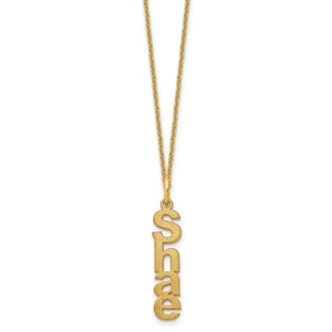 Single vertical name charm spelling Shae in brushed yellow gold on a cable chain