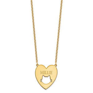 Gold plated cat cutout heart necklace shown full length on a fine chain