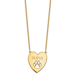 Gold plated heart dog name necklace with paw print cutout on a cable chain