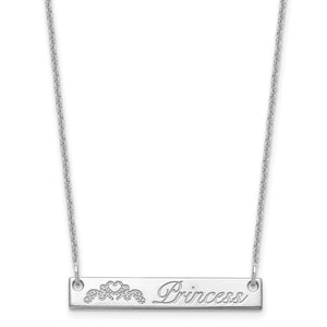 Medium sterling silver horizontal bar necklace engraved with a crown image and Princess