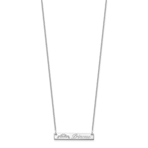 Small sterling silver horizontal bar necklace engraved Princess on a fine cable chain
