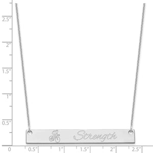 Size chart for the large horizontal bar necklace, about 2 inches wide, engraved with a cyclist image and Strength