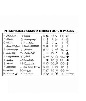Chart of the font and image options for the personalized horizontal bar necklace