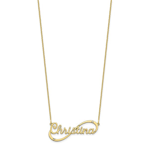 Yellow gold infinity name necklace shown flat with the full cable chain