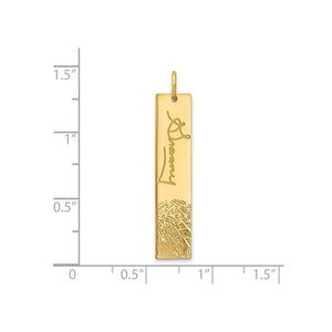 Yellow gold fingerprint signature bar pendant next to a ruler showing it is about 1.3 inches tall