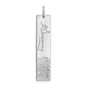Sterling silver vertical bar pendant engraved with a handwritten signature and fingerprint