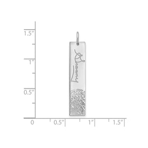 Sterling silver fingerprint signature bar pendant next to a ruler for size reference