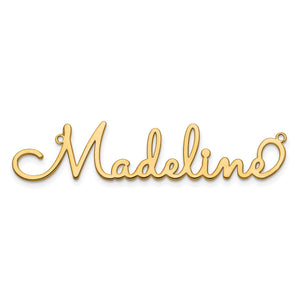 Yellow gold whimsical cursive name plate reading Madeline
