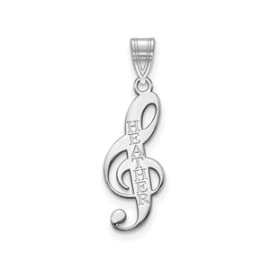 Sterling silver treble clef pendant with a name engraved down the stem, on a white background
