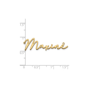 Script name necklace nameplate shown next to a ruler for size reference