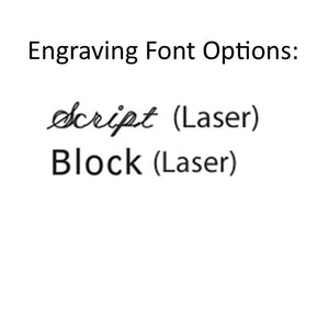 Engraving font options chart showing script and block laser engraved styles