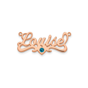 Rose gold Louise script nameplate with a blue birthstone