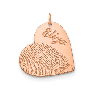 Rose gold heart pendant with a fingerprint on the lower half and an engraved name above it