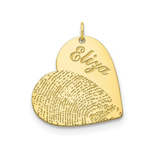 Yellow gold heart pendant with a fingerprint on the lower half and an engraved name above it