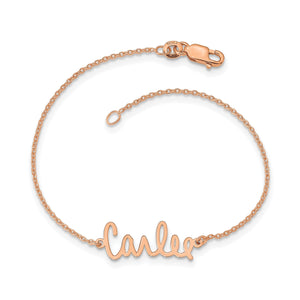 Rose signature name bracelet reading Carlee on a cable chain with a lobster clasp