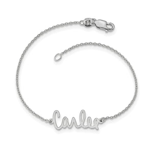 White signature name bracelet reading Carlee on a cable chain with a lobster clasp