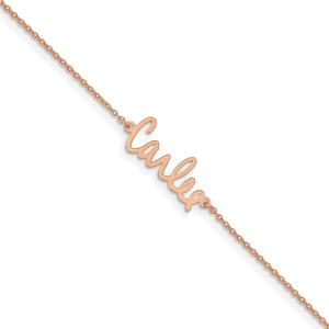 Close angled view of the rose script name Carlee on a cable chain