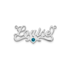Silver tone Louise script nameplate with a blue birthstone under the name
